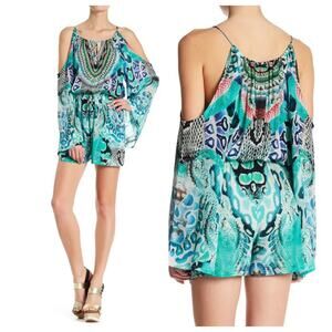 Shahida Parides Beaded Drawstring Cold Shoulder Romper Mix Print In Aqua Size S